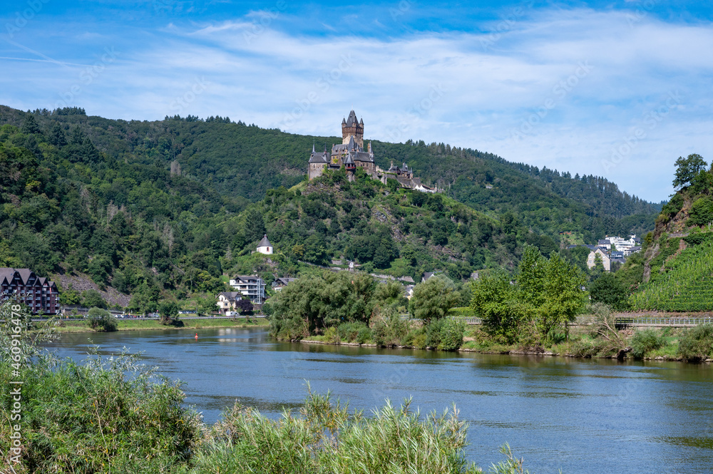 View on Mosel river, hills with vineyards and castle in old town Cochem, Germany, Germany View on Mosel river, hills with vineyards and castle in old town Cochem, Germany, Germany