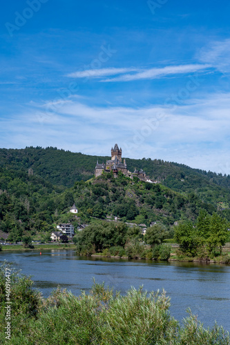 View on Mosel river, hills with vineyards and castle in old town Cochem, Germany, Germany