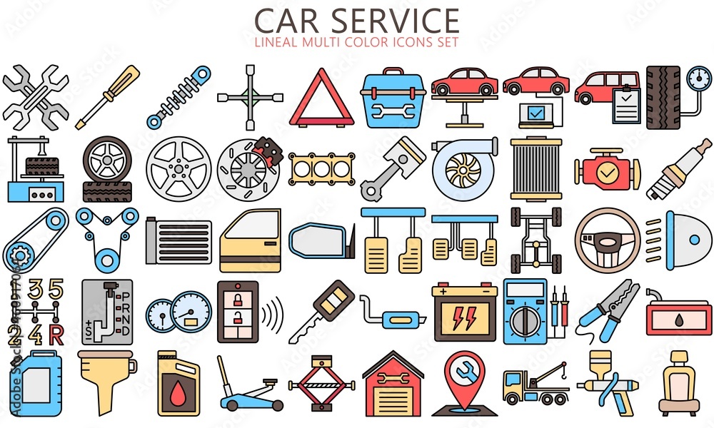 car service lineal multi color icons set, auto repair and transport. Collection modern elements and symbols. Used for modern concepts, web, UI, UX kit  and applications. EPS 10 ready to convert to SVG