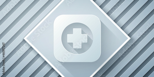 Paper cut Hospital signboard icon isolated on grey background. Paper art style. Vector