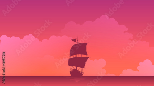 ship at sea landscape, flat design