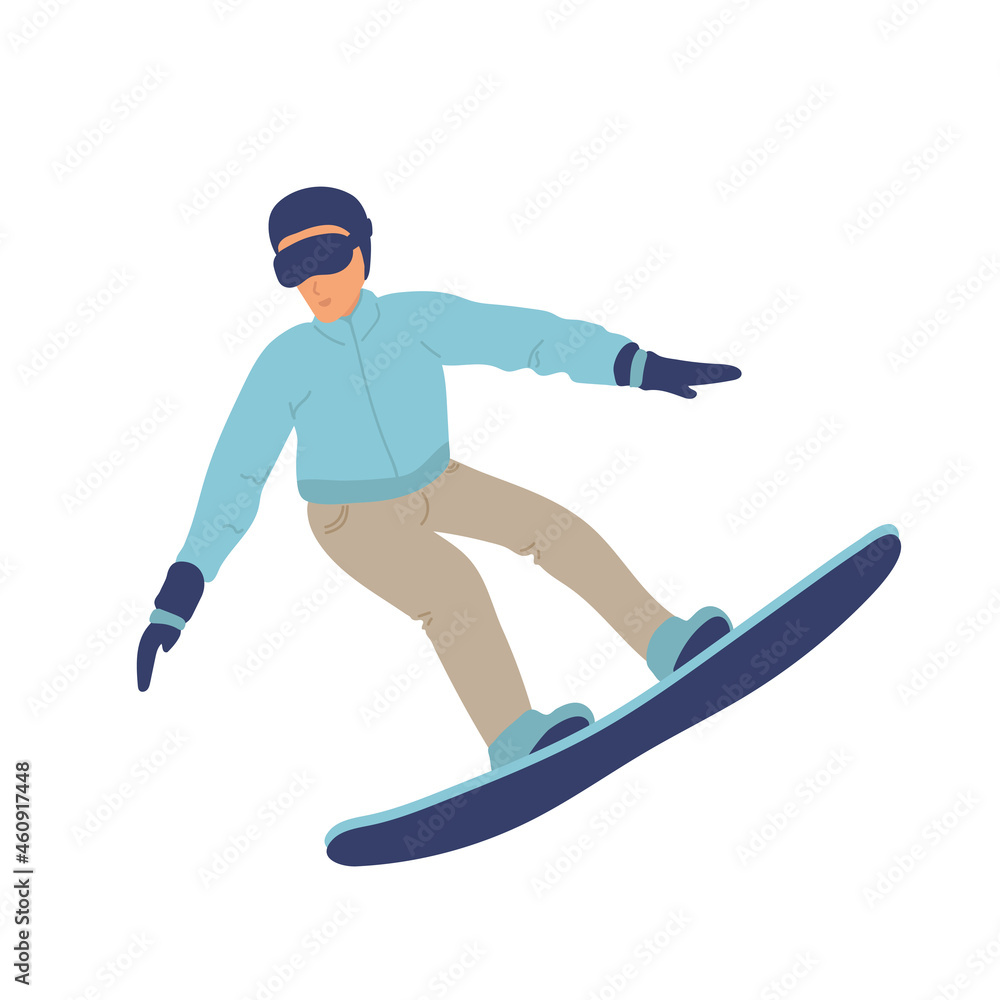 Vector cartoon snowboarder jumping. Young man or boy on snowboard. flat winter. Flat vector illustration in cartoon style. sport