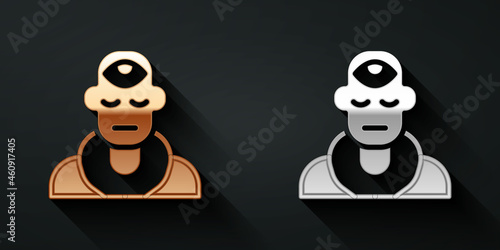 Gold and silver Wizard warlock icon isolated on black background. Long shadow style. Vector