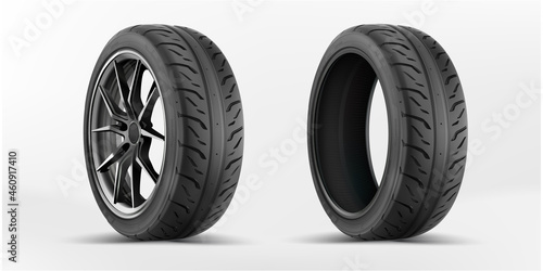 Car wheels set. New tires pile isolated on white. Wheel car, Car tire, Aluminum wheels isolated on white background. Group of tires. High detail vector.