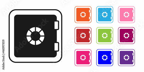 Black Safe icon isolated on white background. The door safe a bank vault with a combination lock. Reliable Data Protection. Set icons colorful. Vector