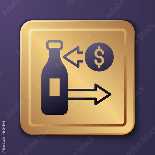 Purple Reception and sale of glass bottles icon isolated on purple background. Gold square button. Vector