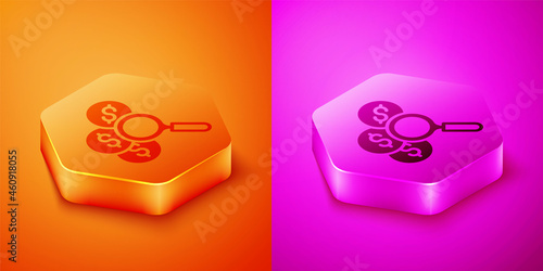 Isometric Search for money icon isolated on orange and pink background. Hexagon button. Vector