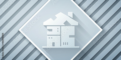 Paper cut Homeless cardboard house icon isolated on grey background. Paper art style. Vector