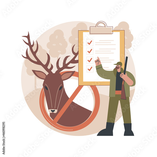 Hunting regulations abstract concept vector illustration. Rules and regulations, gun use restriction, hunting law, license and fees, seasonal shooting limit, game species list abstract metaphor.
