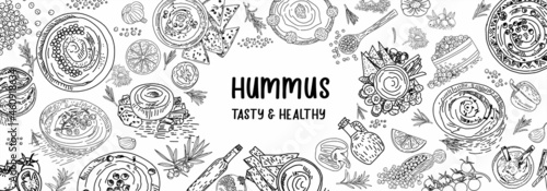 Hummus flyer template illustration. Hand drawn illustration. Pieces of hummus design template. Design element for poster, menu, flyer, banner, menu, package.