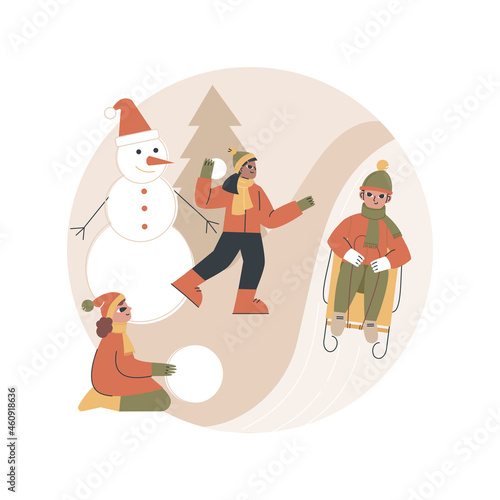 Winter outdoor fun abstract concept vector illustration. Winter activity for kids, having fun in snow, family time outdoors, building a snowman, snowball fight, sledding abstract metaphor.