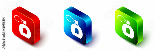 Isometric Perfume icon isolated on white background. Red, blue and green square button. Vector