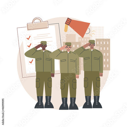 Compulsory military service abstract concept vector illustration. Military conscription, compulsory service training, new soldier recruiting, mandatory work for defense, warfare abstract metaphor.