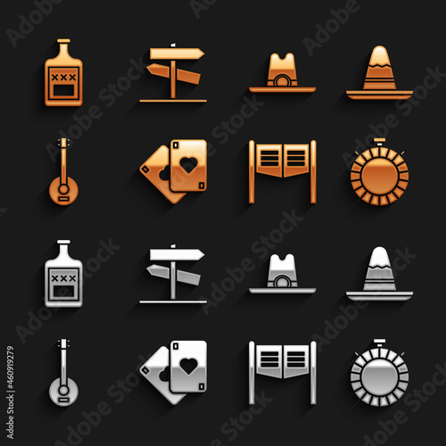 Set Playing cards, Mexican sombrero hat, Canteen water bottle, Saloon door, Banjo, Western cowboy, Whiskey and Road traffic signpost icon. Vector