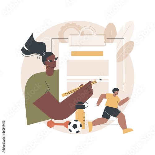 Overweight kids training plan abstract concept vector illustration. Child obesity, overweight, children eating disorder, energy imbalance, kids training, unhealthy lifestyle abstract metaphor.