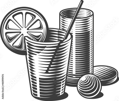  Two glasses with drinks and lemon. Vintage engraving stylized drawing. Can be used as an illustration in a restaurant menu. 