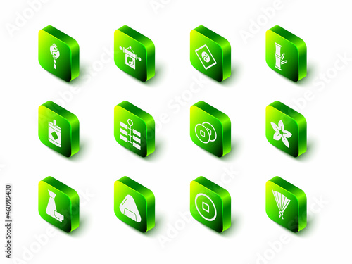 Set Yin Yang, Bamboo, Lotus flower, Paper chinese folding fan, Chinese Yuan currency, and Sushi icon. Vector