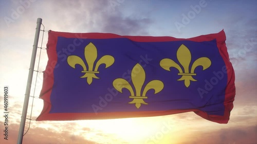 Anjou flag, France, waving in the wind, sky and sun background