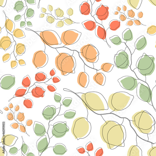 Background image pattern design, linear leaves with colored autumn spots, minimalist style.