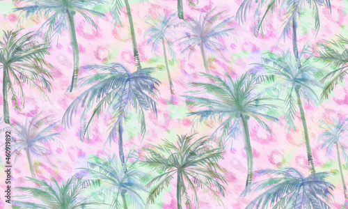 Pale multicolored watercolor botanical tropical seamless bright beach pattern with coconut trees and animal design elements. Blur watercolor painting for fashion textiles and surface design