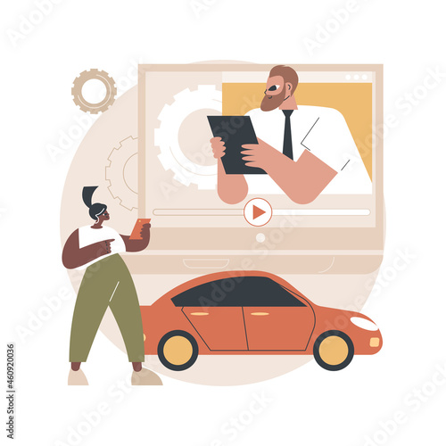 Car review video abstract concept vector illustration. Car review, test-drive video channel, online auto advertising, comparing features, model information, features overview abstract metaphor.