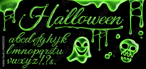 Vector font made from green slime. Slime, ghost and ectoplasm skull. Halloween lettering.