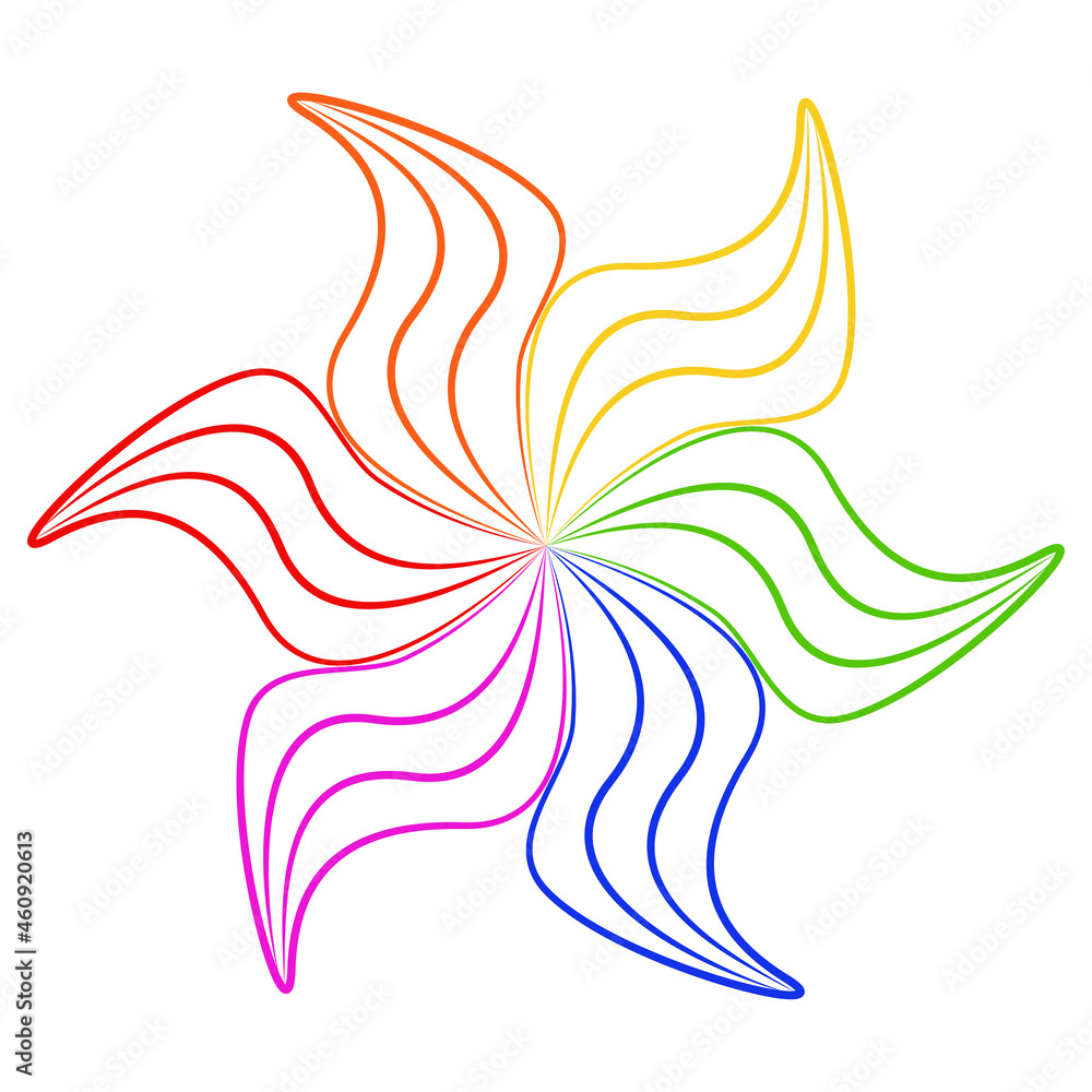 Fototapeta premium Decorative rainbow abstract pattern Optical illusion Outline doodle flower like sun and fire LGBTQ+ symbol Simple line element Multi colored contour vector illustration Isolated on white background
