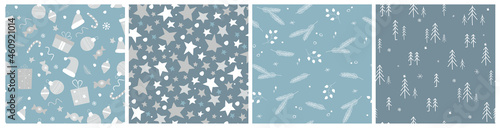 Set of seamless patterns. The collection is a cozy winter decoration with flowers, a Christmas tree, stars, gifts, sweets, berries, frosty decorations, snowflakes. Simple Scandinavian style. Vector.