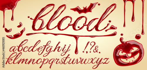 Vector bloody font. Halloween pumpkin, bat, blood stains, vampire.