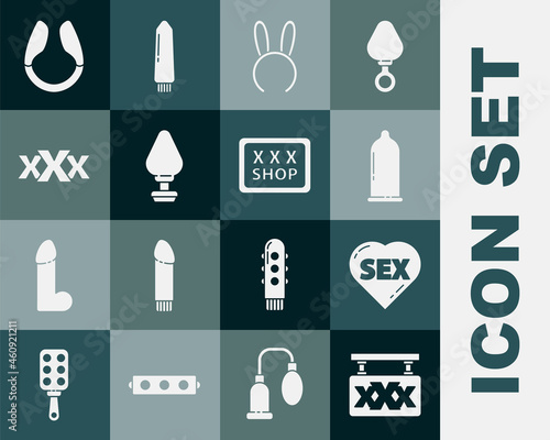 Set Sex shop, Heart with text, Condom, Mask long bunny ears, Anal plug, Dildo vibrator and icon. Vector