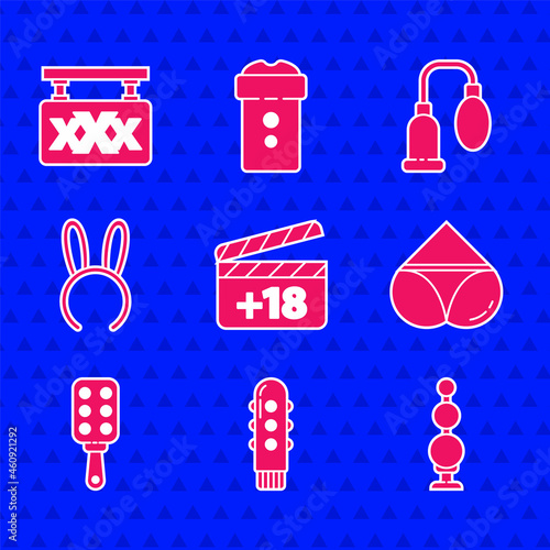 Set Movie clapper with 18 plus content, Dildo vibrator, Anal beads, Woman panties, Spanking paddle, Mask long bunny ears, Penis pump and Sex shop icon. Vector