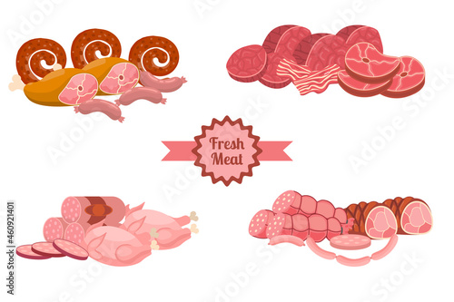 Cartoon fresh meat products compositions in flat style. Chicken and bacon, steak and sausages, Krakow sausage and ham, tenderloin. Meat and ingredients.