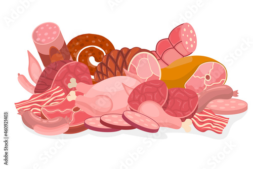 Cartoon fresh meat products compositions in flat style. Chicken and bacon, steak and sausages, Krakow sausage and ham, tenderloin. Meat and ingredients.