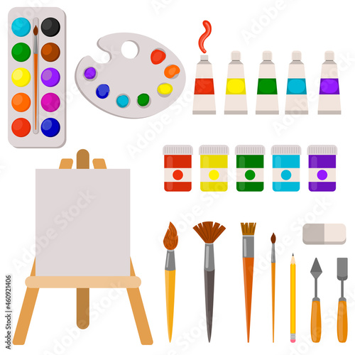 Cute set of art supplies for drawing in flat style isolated. Watercolor paint and brushes, oil paint and gouache, easel and canvas. Painting icons collection. 