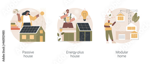 Innovative private construction technologies abstract concept vector illustration set. Passive and energy-plus house, modular home, heating efficiency, reducing ecological footprint abstract metaphor.