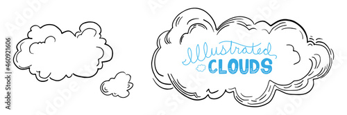 Clouds in sky vector drawing, illustration of puffy white cloud doodles, speech clouds or thought bubble concept, cute hand drawn vector sketch