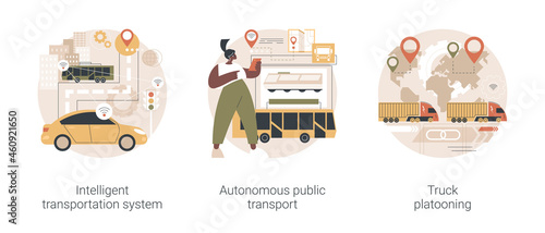 Modern logistics abstract concept vector illustration set. Intelligent transportation system, autonomous public transport, truck platooning, smart taxi, automated highway, traffic abstract metaphor.
