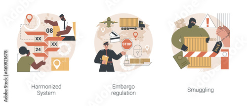Logistics industry abstract concept vector illustration set. Harmonized System, embargo regulation, smuggling, import and export, HTS code, trading ban, illegal goods transportation abstract metaphor.