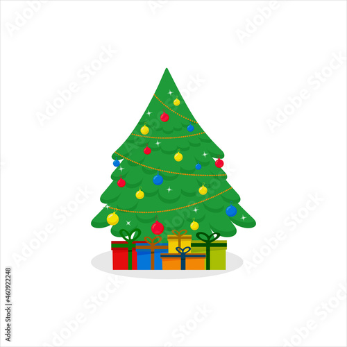 Decorated Christmas tree with gift boxes, lights, decorations of balloons and lamps. Merry Christmas and happy New Year. Vector illustration of the flat plane style.