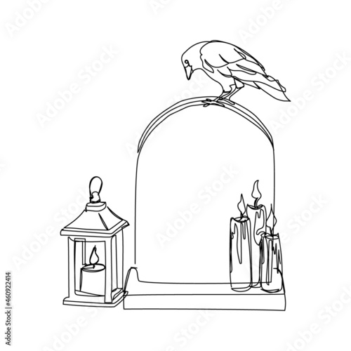 Headstone with crow and retro candleholder with burning candles one line art. Continuous line drawing of grave, cemetery, death, memorial day, halloween.