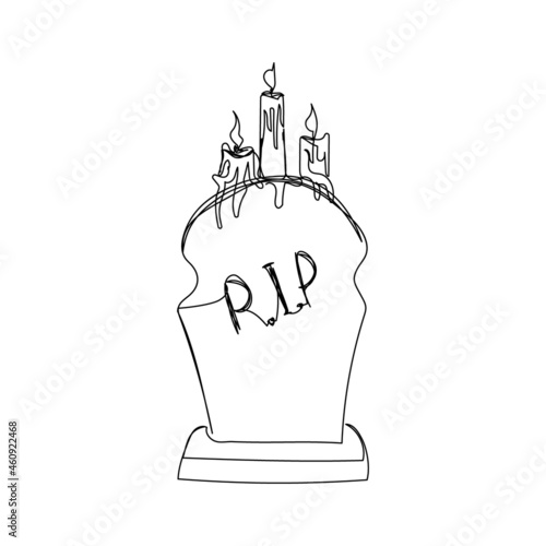 Figured headstone with an inscription R.I.P and burning candles one line art. Continuous line drawing of grave, cemetery, death, memorial day, halloween.