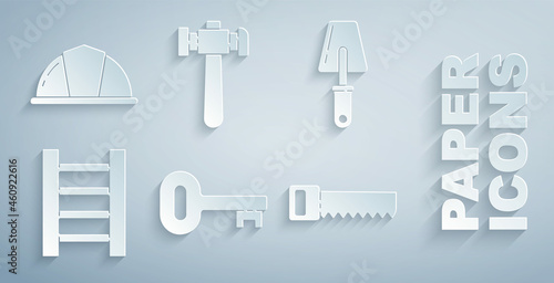 Set Old key, Trowel, Wooden staircase, Hand saw, Hammer and Worker safety helmet icon. Vector