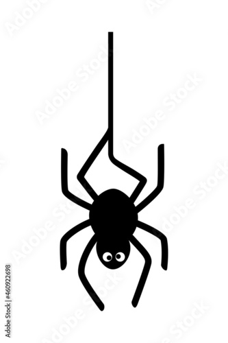 Silhouette of a spider hanging upside down on a web. Halloween illustration isolated on white background.