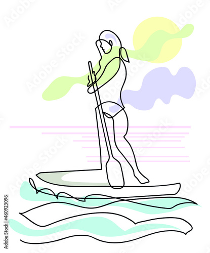One line drawing of adventurous   adult woman paddling on a stand up paddle board.
One continuous line drawing of adventure and travel concept.