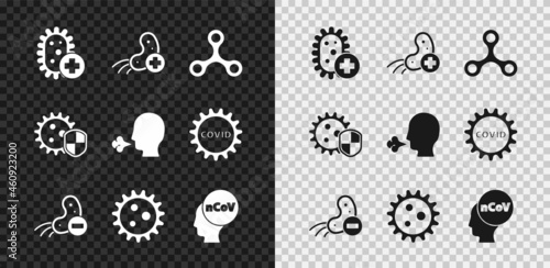 Set Positive virus, Virus, Negative, Corona 2019-nCoV, Shield protecting from and Man coughing icon. Vector