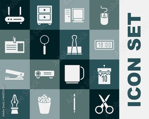 Set Scissors, Calendar, Digital alarm clock, Computer monitor, Magnifying glass, Identification badge, Router and wi-fi signal and Binder clip icon. Vector