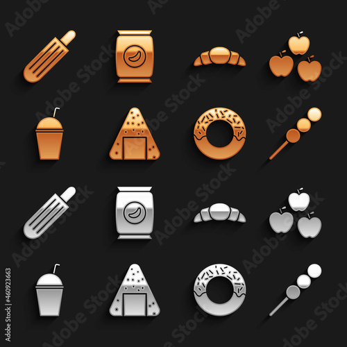 Set Onigiri, Apple, Meatballs on wooden stick, Donut, Milkshake, Croissant, French hot dog and Bag or packet potato chips icon. Vector