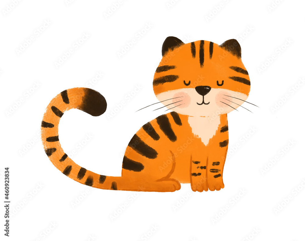 Cute cartoon tiger animal character isolated on white background. Exotic tropical baby cat perfect for nursery print poster design and baby shower card making. Happy Symbol  New Year 2022.