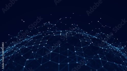 Abstract blue background of points and lines. Cyber structure. Hemisphere of particles and lines. Network. Big data stream. Seamless loop. 3d rendering