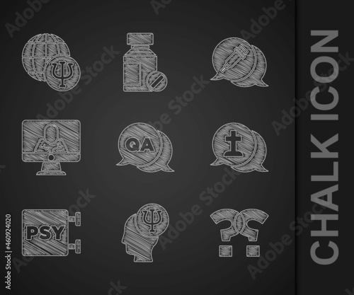 Set Question and Answer, Psychology, Psi, mark, Graves funeral sorrow, Psychologist online, Addiction to the drug and icon. Vector